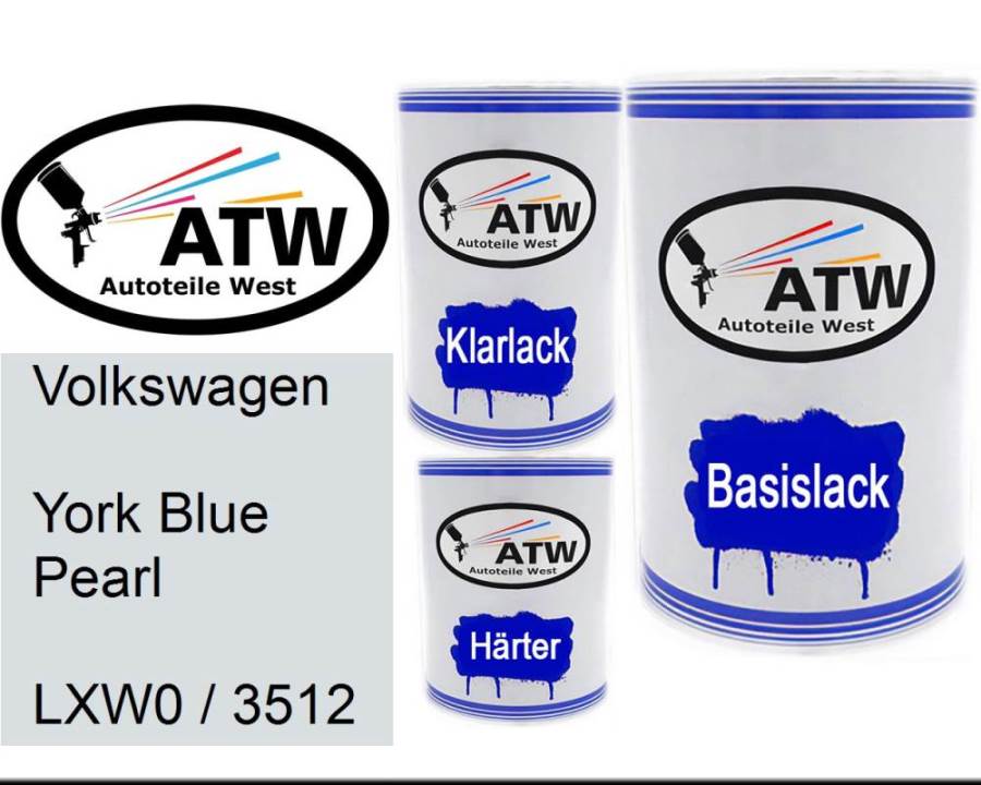 Volkswagen, York Blue Pearl, LXW0 / 3512: 500ml Lackdose + 500ml Klarlack + 250ml Härter - Set, von ATW Autoteile West.